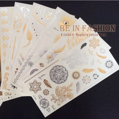4pcs/lot Temporary Tattoo Sticker Fake Gold And Silver Tatoo Sheets Flash Henna Tatouage Metallic Tatto Aramex Tatuajes Dorados 4pcs/lot Temporary Tattoo Sticker Fake Gold And Silver Tatoo Sheets Flash Henna Tatouage Metallic Tatto Aramex Tatuajes Dorados