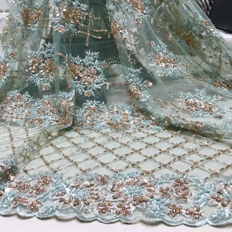 

FolaSade heavy beaded lace fabric handmade french net lace with sequins 2019 luxury bridal lace fabric dentelle tissu Wo029