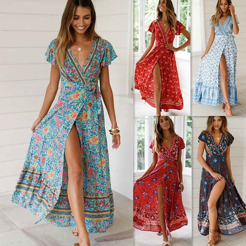 

New Casual Women Robe Summer 2019 Sexy V-neck Short Sleeve Printed Irregular Maxi Dress Sashes Long Boho Dress Chiffon Vestidos