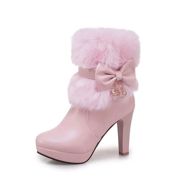 Women Boots Autumn Winter Warm Fur New Sweet Pu Butterfly-knot Mid-calf Snow Boots Black Pink White High-heeled Shoes MAZIAO - Цвет: Розовый