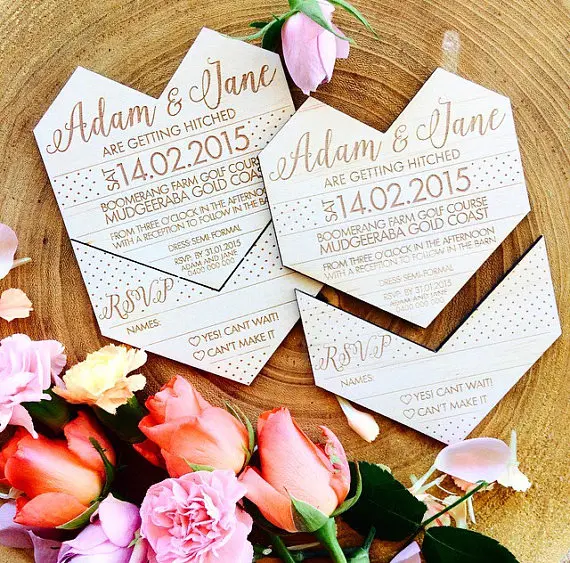  Wooden Wedding invitation. Geometric heart. Snap off RSVP - 32867436772