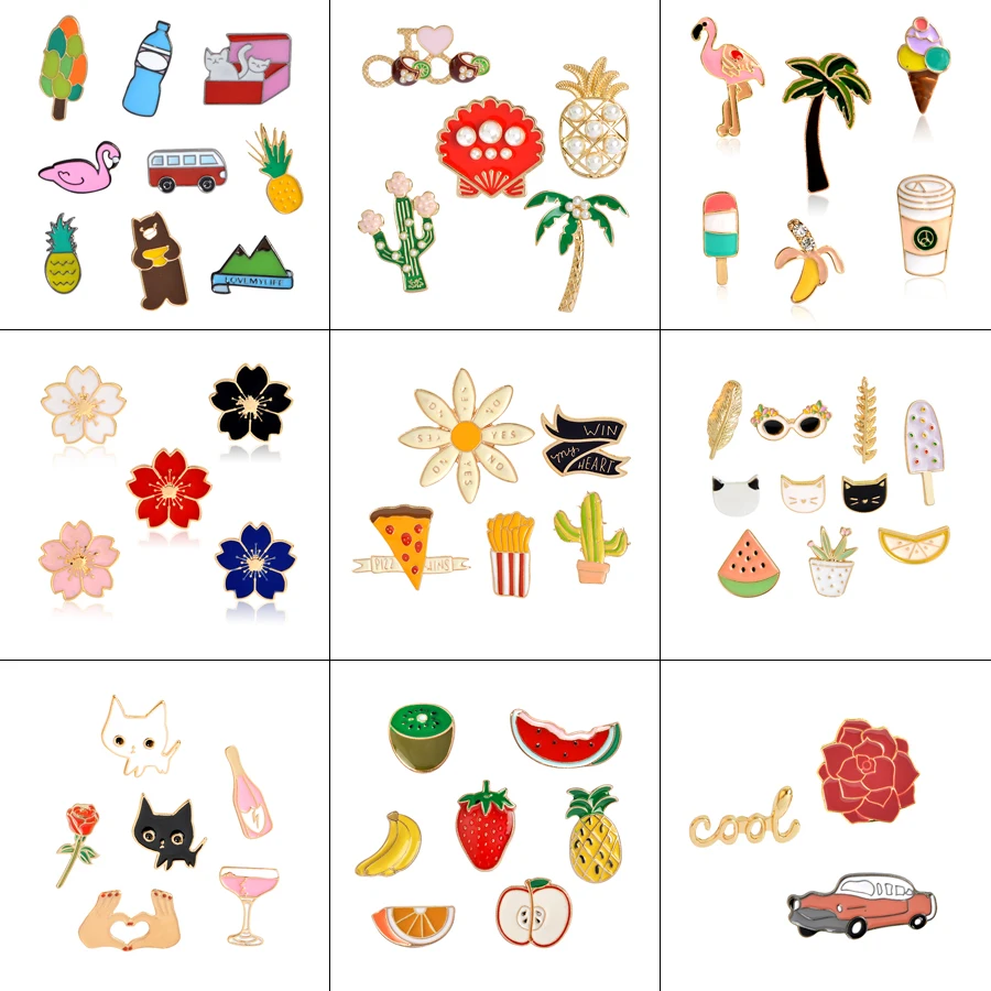 

3-10pcs/set Animal Fruit Flower Plants Brooch Collection Summer Pin set Enamle Pin Badges Cartoon Brooches Beach Jewelry Gifts