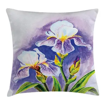 

Flower Pillow Cover Painting Iris Flower Spring Season Blooming Plant Nature Art Square Accent Pillow Case Violet Green Blue