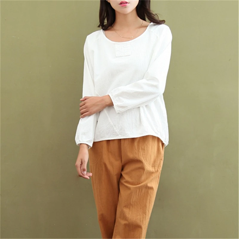 

Johnature Women T-Shirts Long Sleeve Cotton Linen Tops Casual 2019 Autumn New O-Neck Loose Brief Puff Sleeve Fashion Women Tops