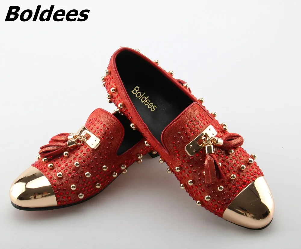 Boldees Мода с кисточками и заклепками обувь для вечеринок Для мужчин Элитный бренд Дизайн повседневная обувь Для мужчин s Лоферы Красный