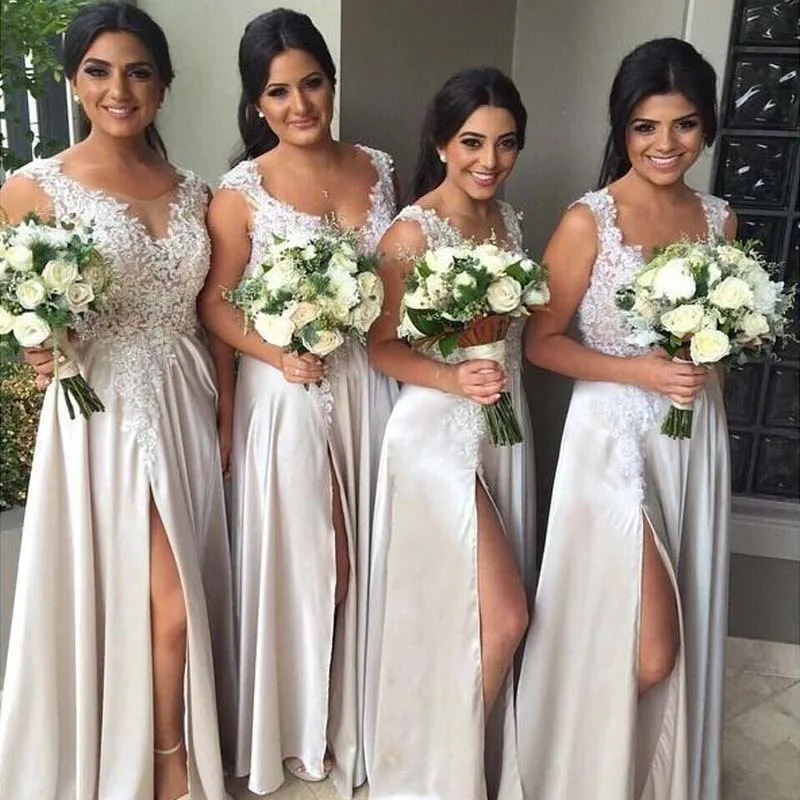 

Elegant 2019 Cheap Bridesmaid Dresses Bride Gown A-line Chiffon Lace Slit Long Wedding Party Dresses For Women Party