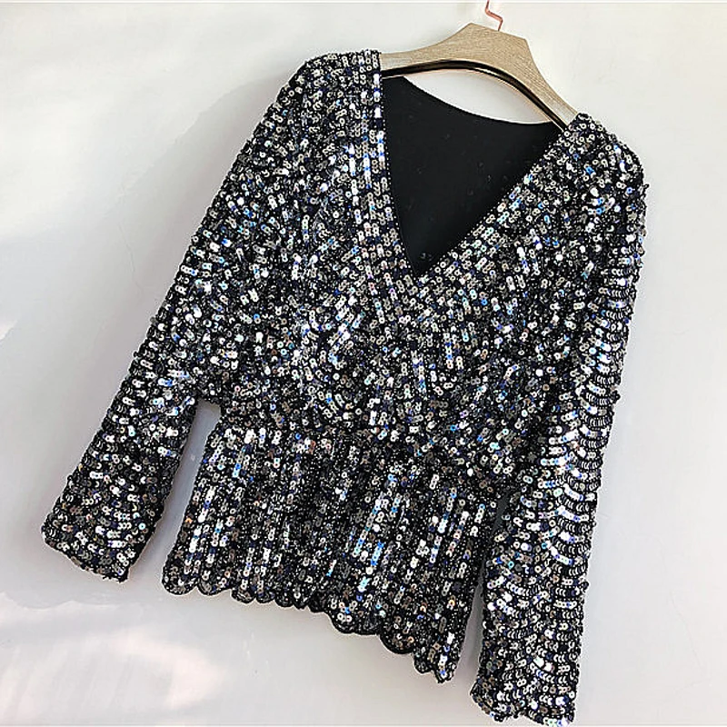 

Colors Ruffles Sequined Beading Women Luxury Fashion V-neck Batwing Sleeve Pullovers Blouse Top