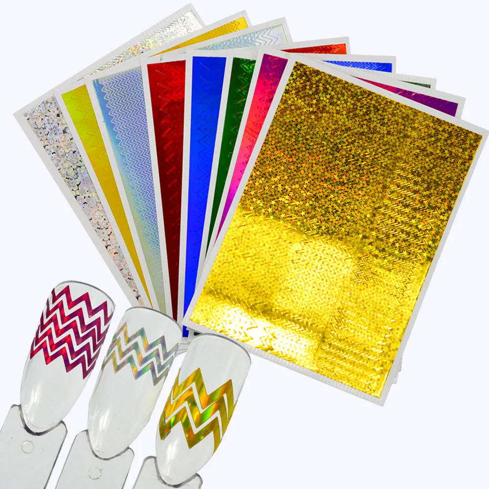 8 шт./компл. лазерной волны Линия лак для ногтей Стикеры; модная женская обувь с блестками; голографический DIY ультра тонкий клей для ногтей Арт Декор наклейки CH247