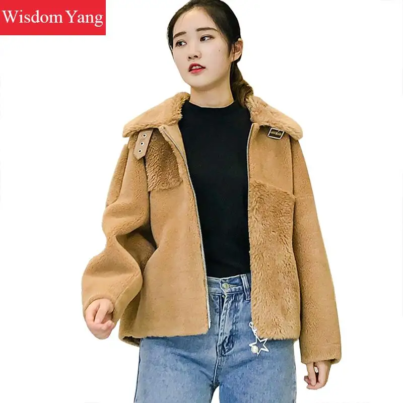 

Winter Short Coat Womens White Yellow Warm Wool Coats Sheep Shearing Jackets Ladies Woollen Overcoat Oversize Woolen Outerwear