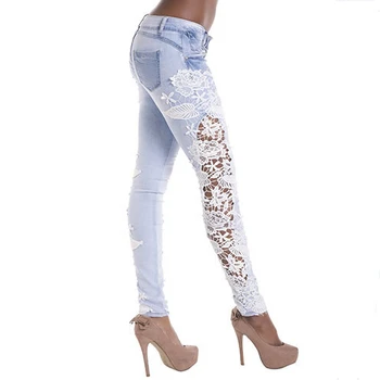 

New Fashion Ladies Side Spliced Lace Jeans Woman Low Rise Stretch Skinny Jeans Dentelle Jean Slim Femme