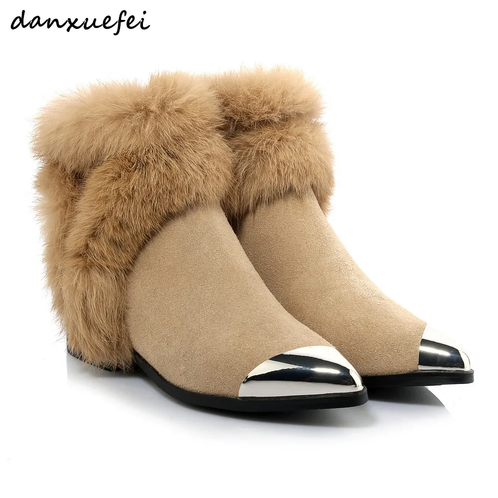 

Women's Genuine Suede Leather Rabbit Fur Winter Snow Boots Metal Toe Flats Short Ankle Boots Cold Weather Shoes for Women Sale