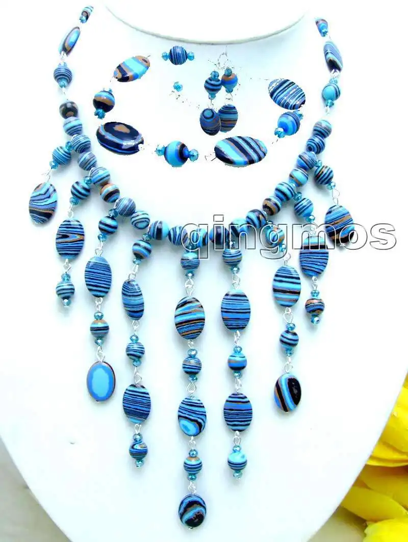 

Beautiful Noblest 9 strings Big 12*17mm Oval pendant Blue peacock Stripe stone 16-19" Adjustable Necklace set-nec5708