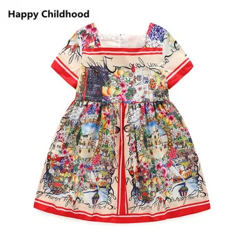 Summer Girls Dress Fashion Brand 1pc Vintage Girls Clothes Short Sleeve Princess Dress for Party/Wedding Kids Dresses