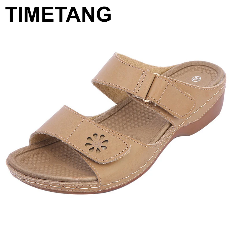 

TIMETANG Women Slippers Platform Casual Rome Sewing Square Heels Leisure Summer Hook&loop PU Patent Leather Light-weight Shoes