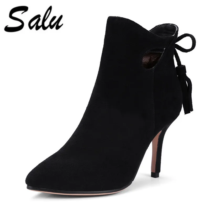 Salu Sexy Women Boots cow suede Leather High Heels Ankle Boots Shoes Women Fall Ladies Short Boots NEW Zip Big Size цена Salu Sexy Women Boots cow suede Leather High Heels Ankle Boots Shoes Women Fall Ladies Short Boots NEW Zip Big Size цены онлайн