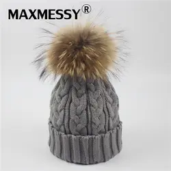 Maxmessy Натуральный мех зимняя шапка енота Pom Hat для Для женщин бренд Для женщин шляпа Обувь для девочек Кепки S вязаные шапочки Кепки mh085