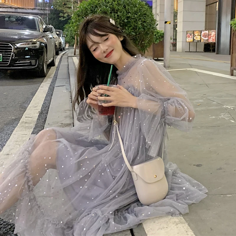 Women's French Niche Dress Female 2019 New Mesh Fairy Dress Long Super Fairy Sweet drees