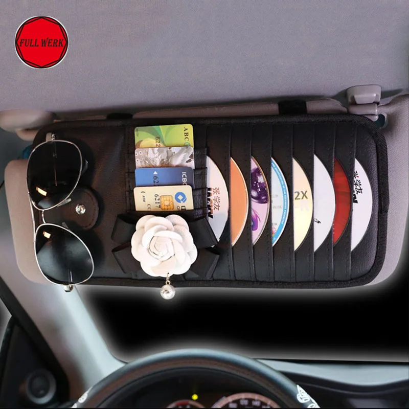 Car Charm Leather Car Sun Visor Sunshade Storage Bag 8 Pockets CD DVD