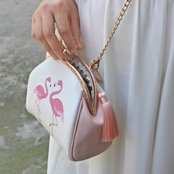 

Flamingos Shell Bag Metal Ring PU Leather Top-handle Bag Vintage Handbag Fashion Women Crossbody Messenger Shoulder Bags Gifts