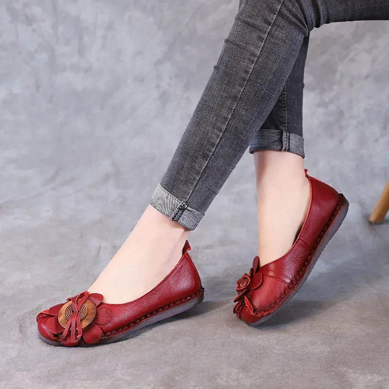 

New Vintage Handmade Women Flats Casual Shoes Genuine Leather Lady Soft Bottom Shoes for Mother Fashion Loafers