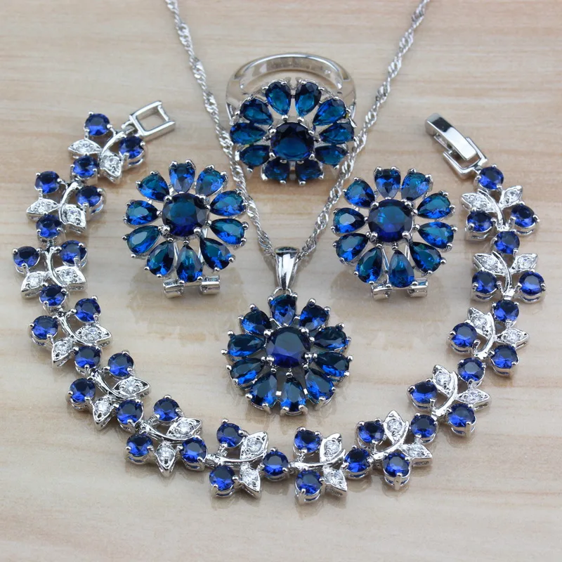 

925 Silver Flower Big Jewelry Sets With Natural Stones CZ Blue Accessories Clip Earrings/Necklace/Bracelet/Ring For Women Gift