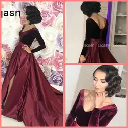 Халат de soiree с длинными рукавами бордовые бархатные платья для выпускного вечера Длинные 2019 Арабский сексуальный разрез V шеи корт поезд
