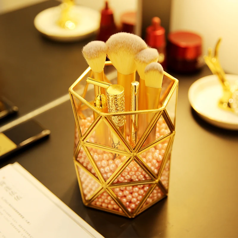 ANFEI Golden Glass Makeup Brush Storage Jewelry Holder Geometric Storage With Pearls Jewelry Organizer Box Dressing Table Decor