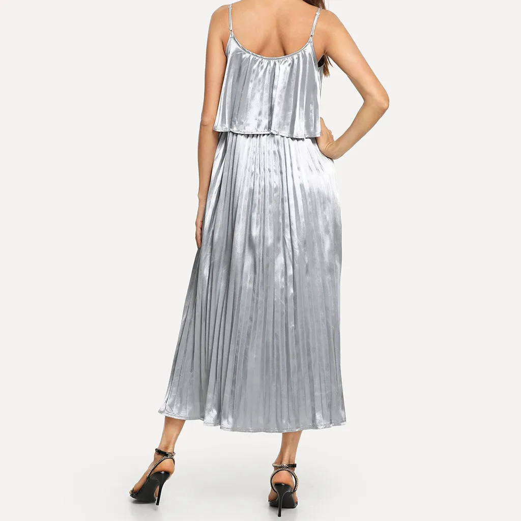 Модное серебряное женское летнее платье, сексуальное однотонное Плиссированное Длинное Макси платье на бретельках с круглым вырезом, элегантное плиссированное платье Vestidos