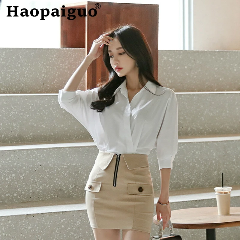 

Big Size Empire Casual Elegant Two Piece Set White Shirt and Mini Bodycon Wrap Skirt with Zipper Office Work 2 Piece Set Summer