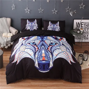 

3 Pieces 3D Wolf Black Bedding Set Bohemia King Duvet Cover with Pillow Case Colorful Printed Bed Set Cover Geometric Patterns