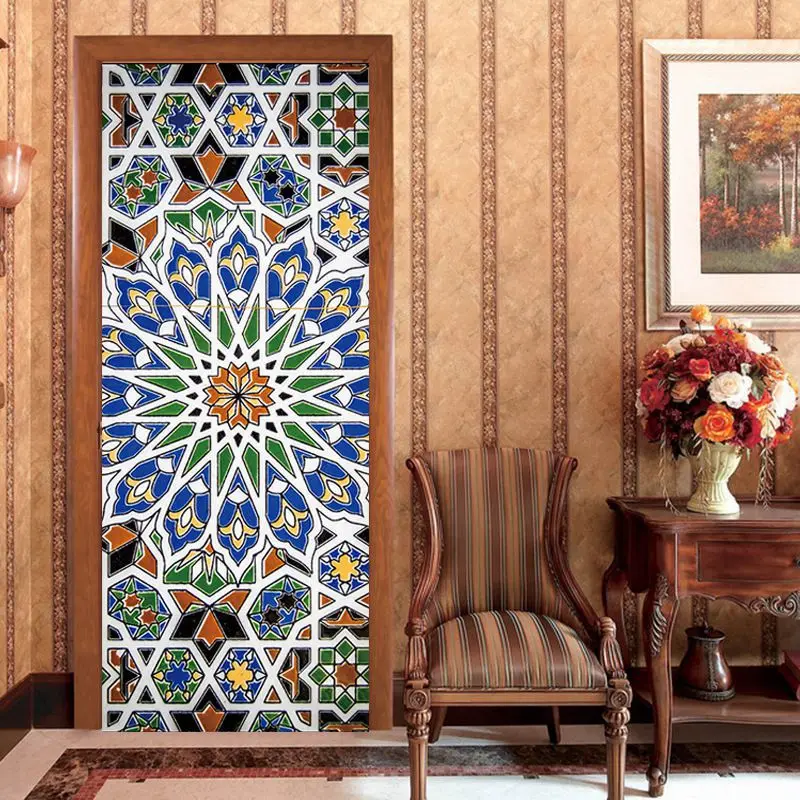 3d наклейки на дверь, декор для дверей, старая деревянная дверная обновленная наклейка, цветная дверная наклейка мусульманского замка для домашнего декора - Цвет: door stickers NM0