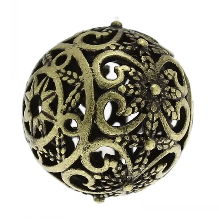 

DoreenBeads Copper Spacer Beads Round Antique Bronze Flower Pattern Hollow European Charm About 17mm x 16mm,Hole:Approx:2mm,5PCs