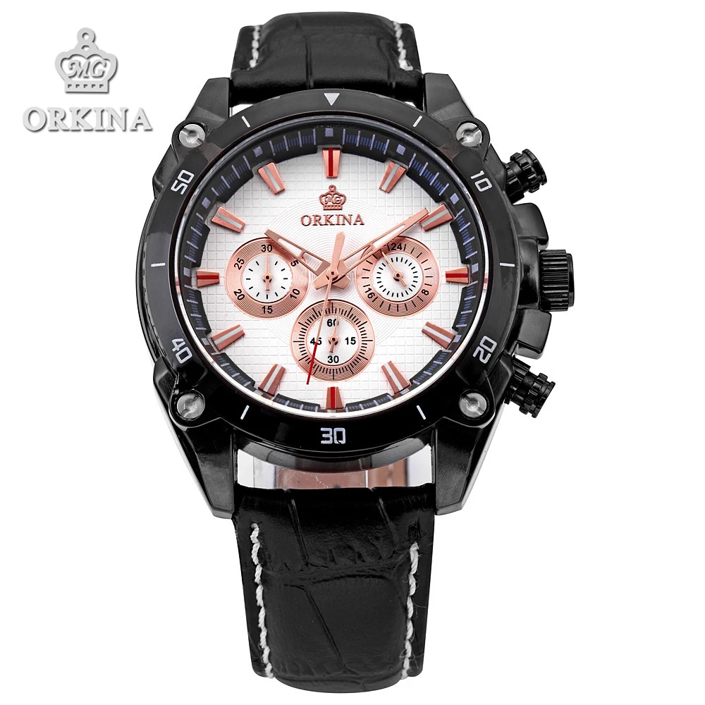

2 Colors Orkina Brands 2016 Sports Stop Analog Quartz Leather Band Black Stainless Steel Case Male Military Casual wrist watches