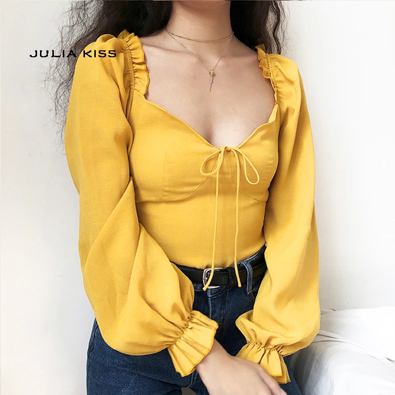 Vintage Women's Sweetheart Neck Blouse with Frill Elastic Puff Sleeves - Stylish Top image 3