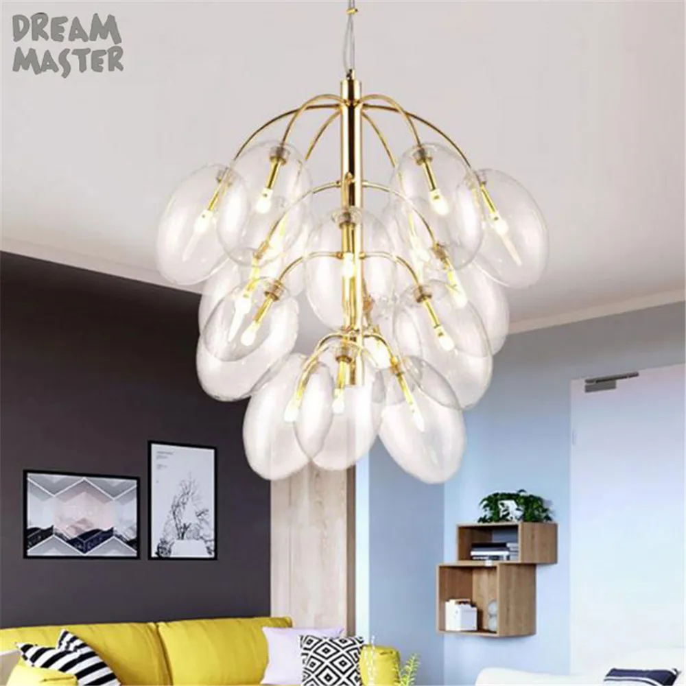 Post modern gold chandelier, Industrial clear glass shade grape lustre