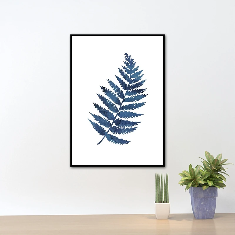 Watercolor Ink Blue Indigo Fern Leaf Canvas Art Poster Home Decor