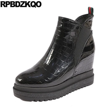 

patent leather height increasing platform flatform shoes wedge black winter luxury brand women ankle high heel casual muffin