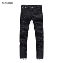 MORUANCLE 2017 Fashion Hi Street Men’s Jeans Pants Panint Denim Joggers Male Black Streetwear Printed Jeans Trousers With Zipper