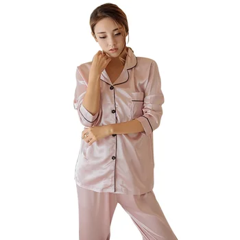 

2019 Women Sexy Silk Satin Pajamas Set Long Sleeve Sleepwear Pajamas Suit Female Two Piece Sleepwear Nightwear