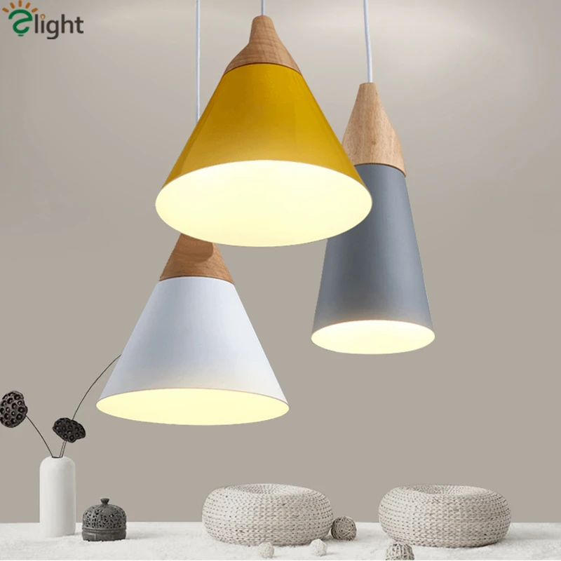 

2016 Nordic Colorful Cone Aluminium & Wood Led Pendant Light Painted Certified Cord Hanging Light