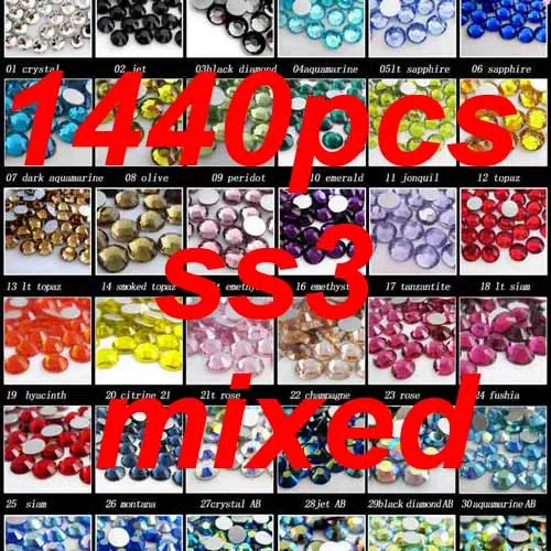 

Non Hotfix Strasss Rhinestones Craft Stones 1440pcs ss3 1.2-1.4mm Mixed Color Crystals Gems 3D Nail Art Design Decorations