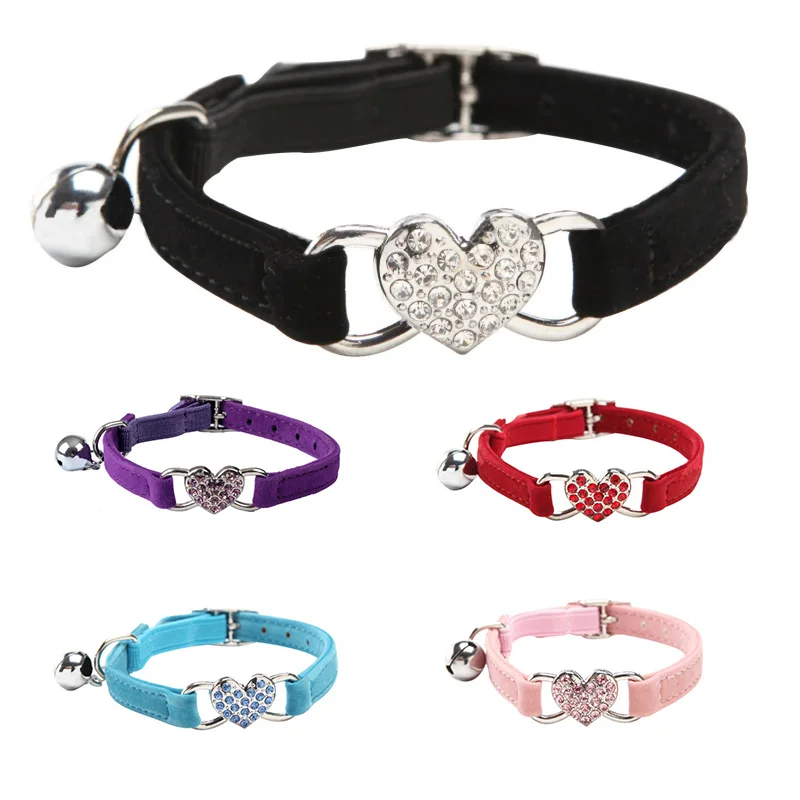 

Cat Collar Safety Elastic Adjustable with Soft Velvet PU Leather Heart Charm Bell Dog Pet Dog Product Small Dog Collar 5 color