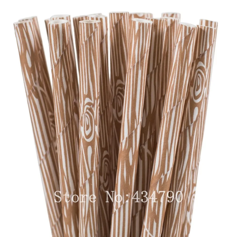 200pcs Woodgrain Paper Straws Bulk Rustic Wood Grain Woodland Patterned