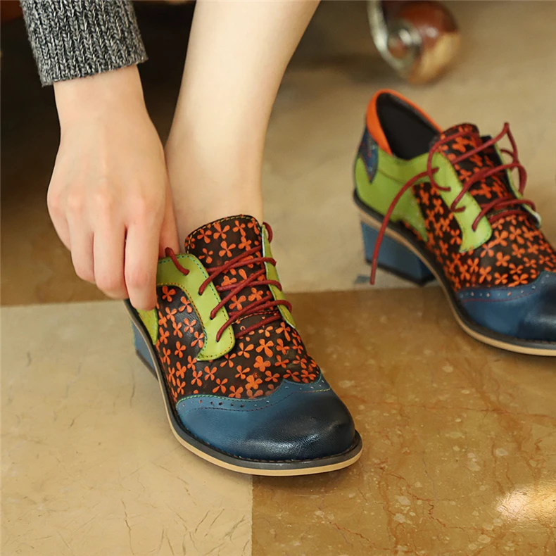 Женские туфли-оксфорды из натуральной кожи; винтажные женские туфли-оксфорды на шнуровке; весенние туфли; зеленый/синий/коричневый
