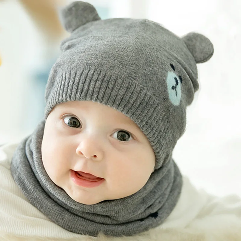 2 Pcs Autumn Winter Newborn Baby Knit Hat Scarf Set Cartoon Bear Kids Boys Girls Winter Beanie Hat Scarf Set 0-18M