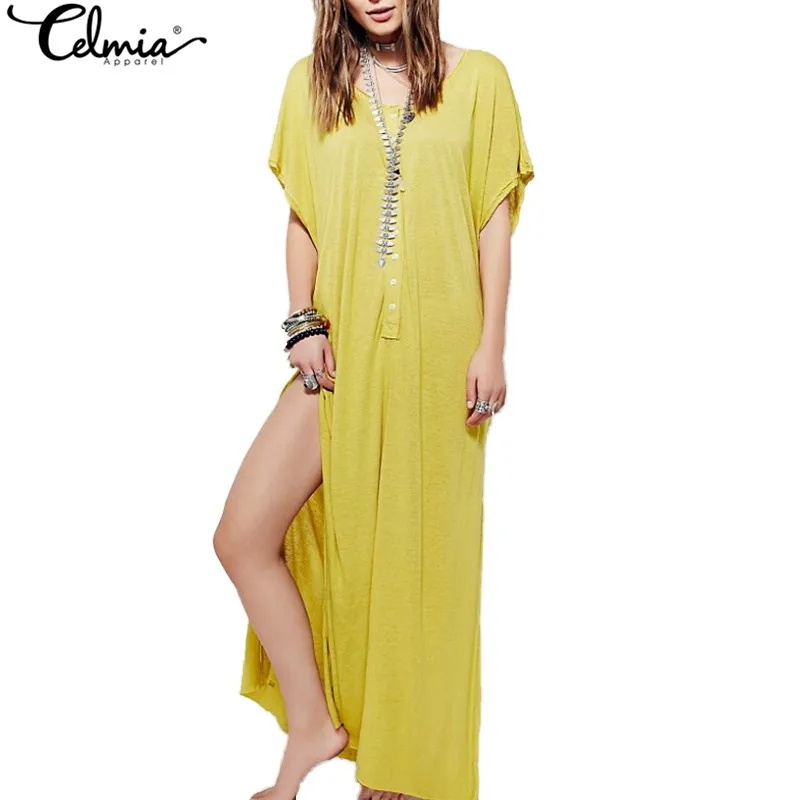 Celmia 3XL Sexy 2018 Casual Summer Vintage Maxi Dress Women Short Sleeve High Split Party Beach Long Dresses Plus Size Vestidos