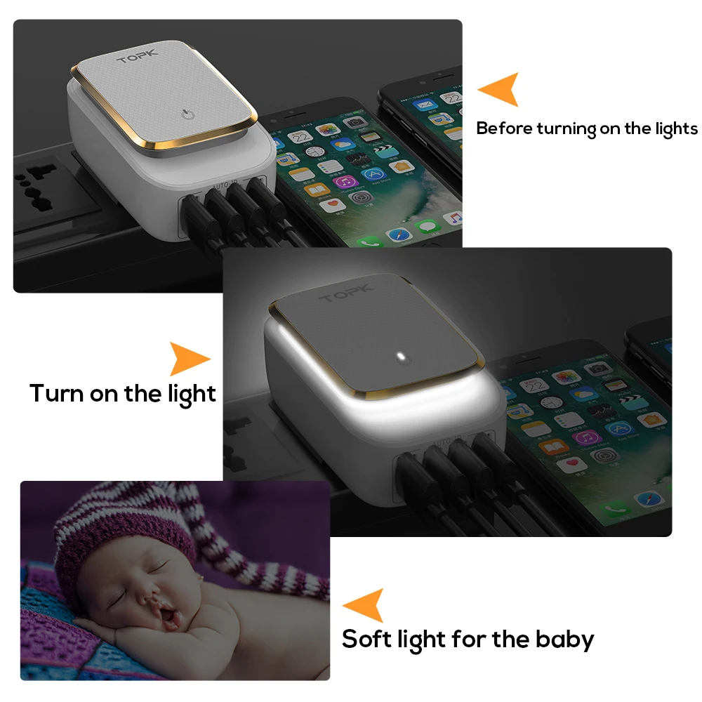  TOPK 4-Port 4.4A (Max) 22W EU USB Ladegerät Adapter LED Lampe Auto-ID Tragbare Handy Reise Ladegerä