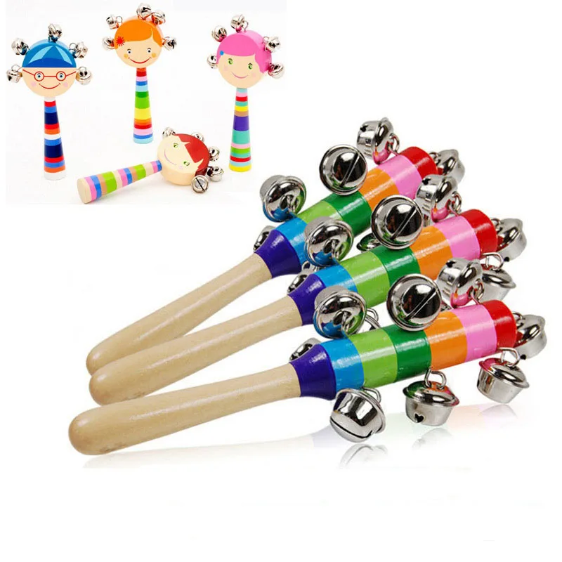 Colorful Wooden Bell Stick Jingle Bells Hand Shake Baby hand bell Kids