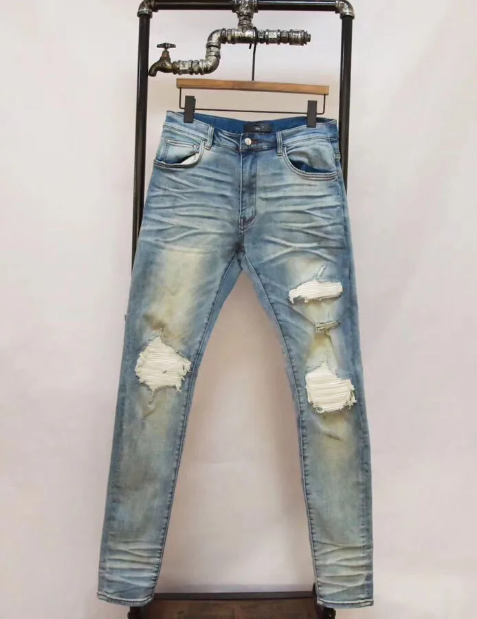 men skinny distressed knee white ribbed patch jean slim fitin Jeans