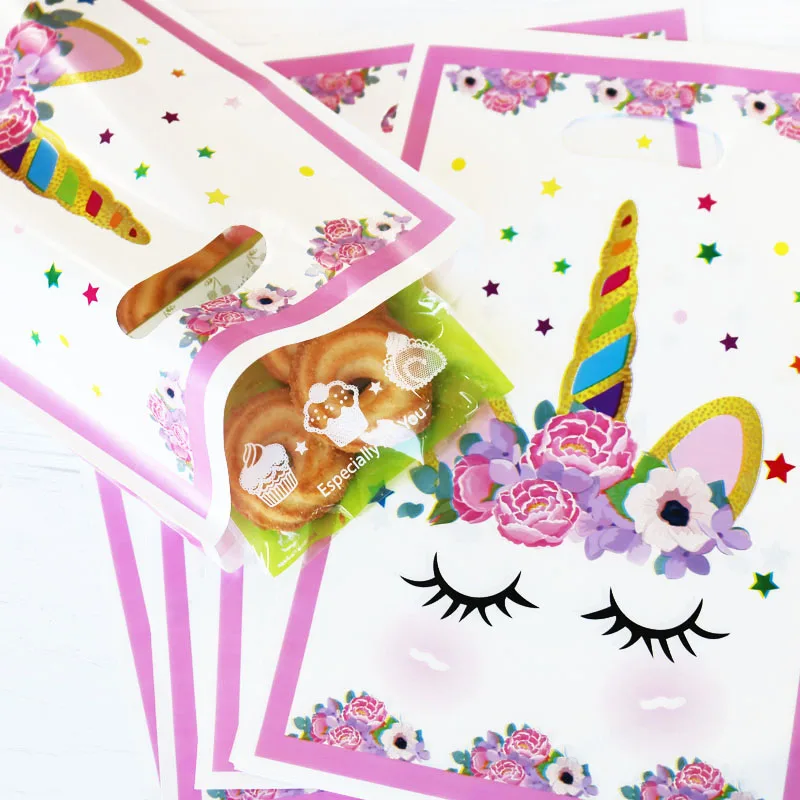 

20pcs Unicorn Plastic Bag Rainbow Stars Pink Gift Loot Bags Cookies Candy Packing Bag Unicorn Party Decoration Gift Plastic Bags